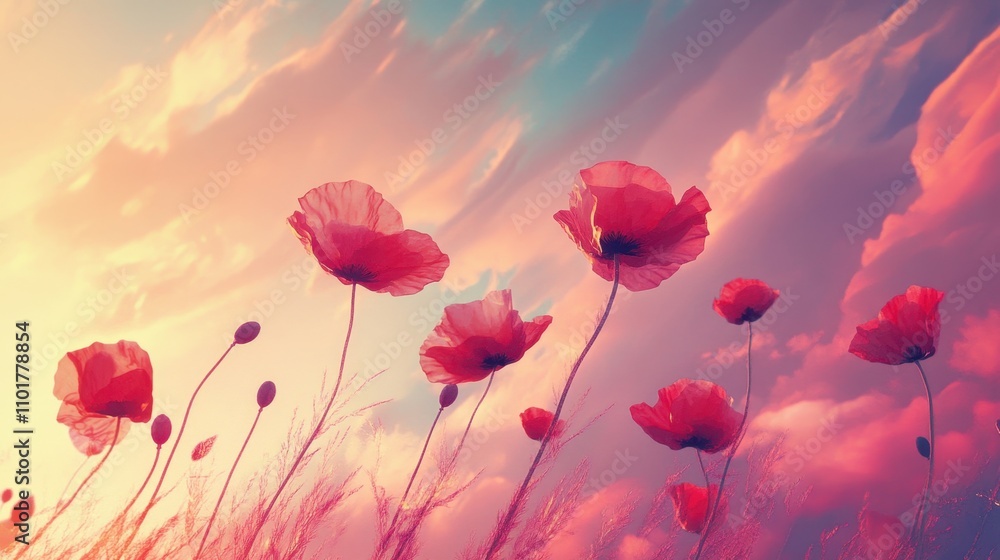 Fototapeta premium Red poppy flowers swaying gently against a vivid sunset sky, their petals glowing in warm light.