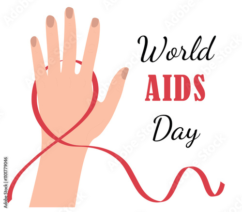 Hand holding crossed red ribbon as a symbol of world AIDS Day at 1st December. Awareness of AIDS disease poster. Hand drawn vector illustration in flat style. Medicine web banner, health care