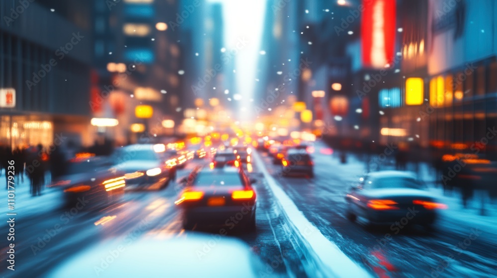 Fototapeta premium Snowy urban street scene with blurred vehicles and sunlight reflection