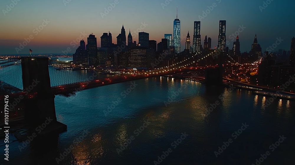 Fototapeta premium Nighttime view of Manhattan skyline and Brooklyn Bridge