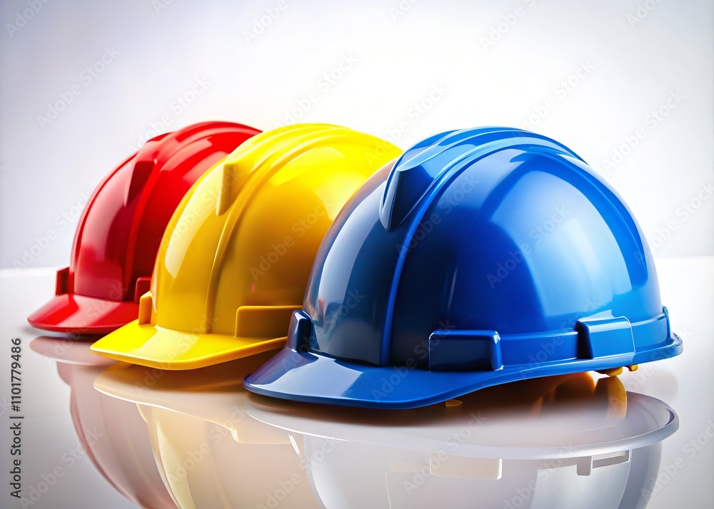 Fototapeta premium Three Colorful Hard Hats on a White Background - An Ideal Stock Photo for Construction Safety, Industrial Projects, and Occupational Health Themes