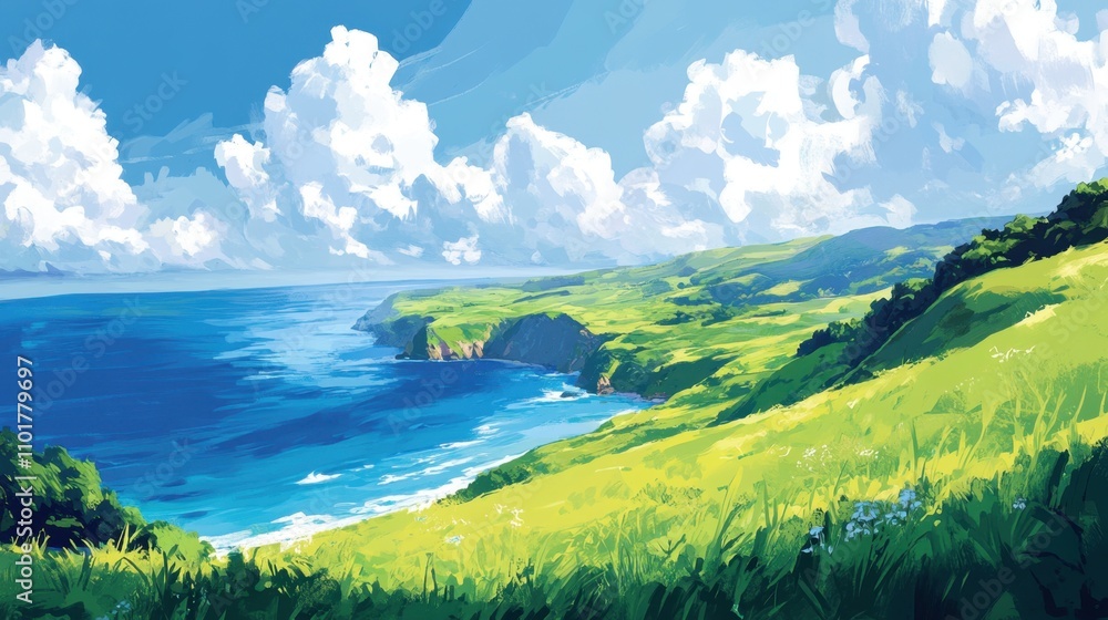 Rolling green hills meeting a calm blue ocean under a vibrant sky, showcasing the beauty of nature transition. Rolling green hills meeting a calm blue ocean under a vibrant sky, showcasing the beauty of nature transition.