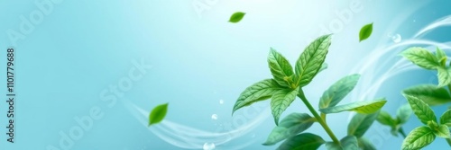 Mint leaves emitting fresh menthol aroma on blue background, modern illustration, menthol, leaves, air