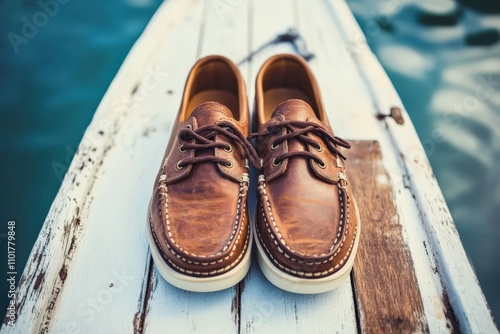 Boat Shoes. Brown Leather Men's Top Sider Shoes on White Wooden Board for Sailing Activity photo