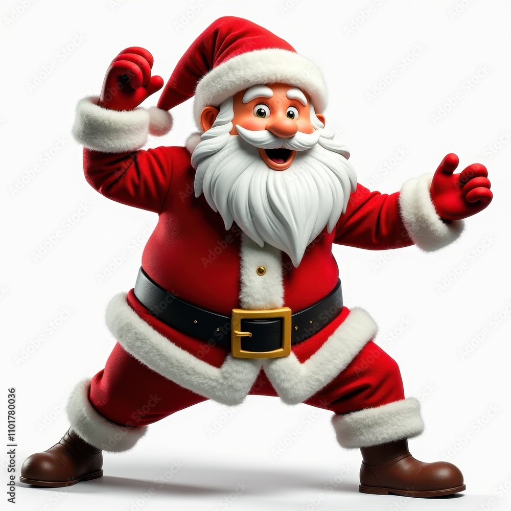 Fototapeta premium Santa Claus in dynamic pose isolated on white background in cartoon style 3D character