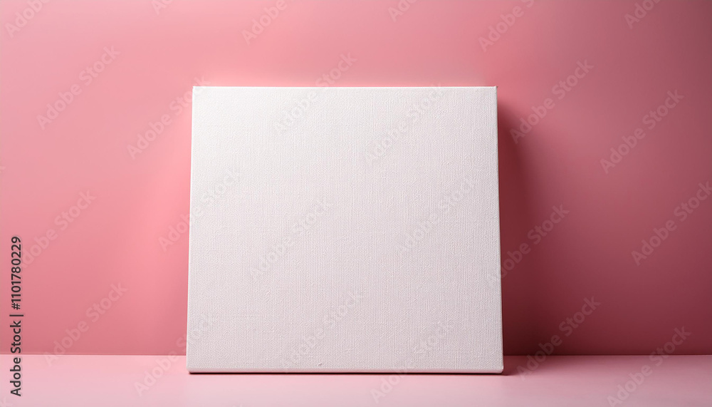 White square canvas mock-up standing against soft pink background. Blank poster. Natural lighting. White square canvas mock-up standing against soft pink background. Blank poster. Natural lighting.