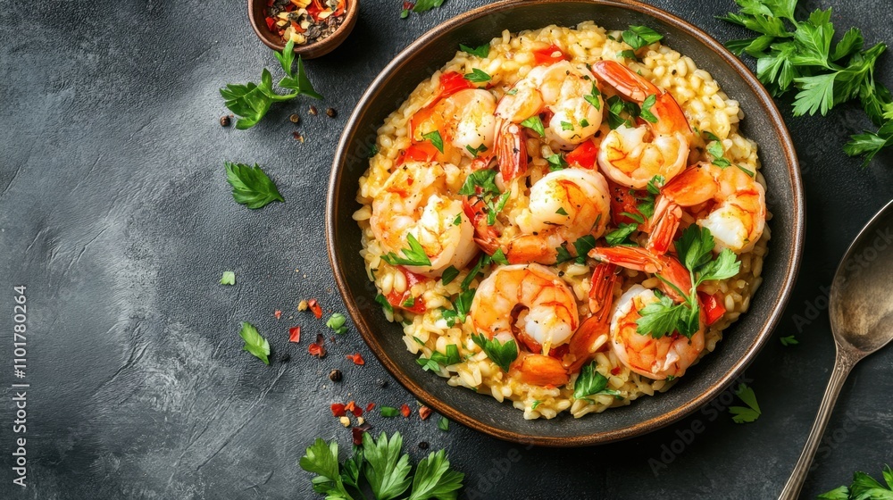 Seafood risotto with shrimp, scallops, and saffron, garnished with parsley. Seafood risotto with shrimp, scallops, and saffron, garnished with parsley.