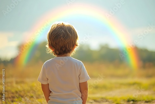 Blond child admiring a colorful rainbow in a field, concept of hope, future and dreams