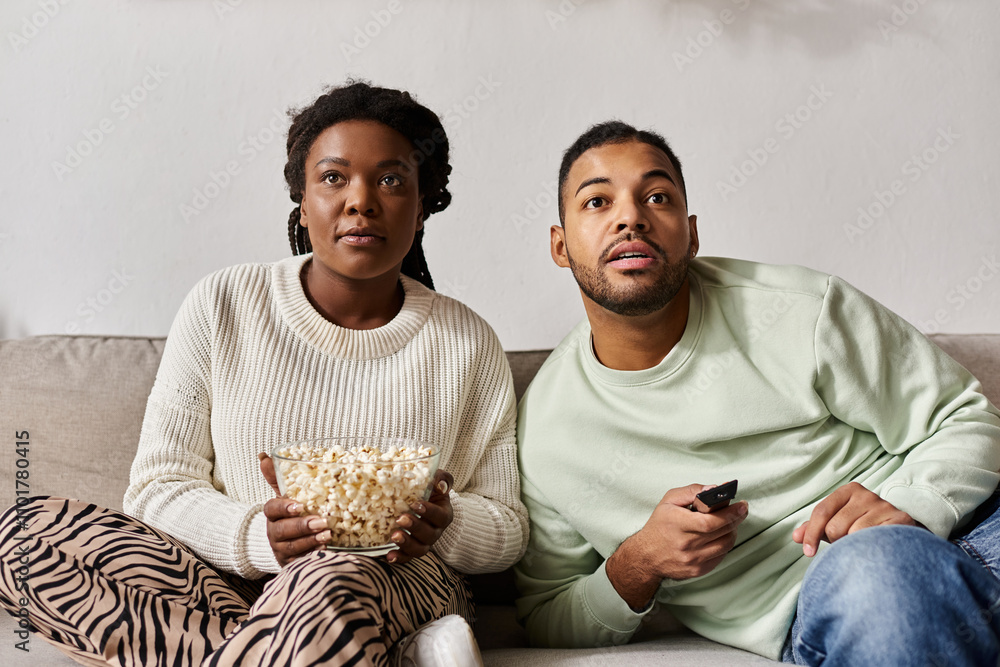 A happy couple snuggles on the couch, watching a movie and sharing popcorn in cozy sweaters. A happy couple snuggles on the couch, watching a movie and sharing popcorn in cozy sweaters.