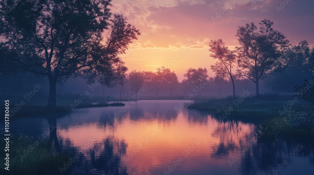 Serene reflections of trees on still wetland waters at dusk, with soft orange and purple skies in the background. Serene reflections of trees on still wetland waters at dusk, with soft orange and purple skies in the background.