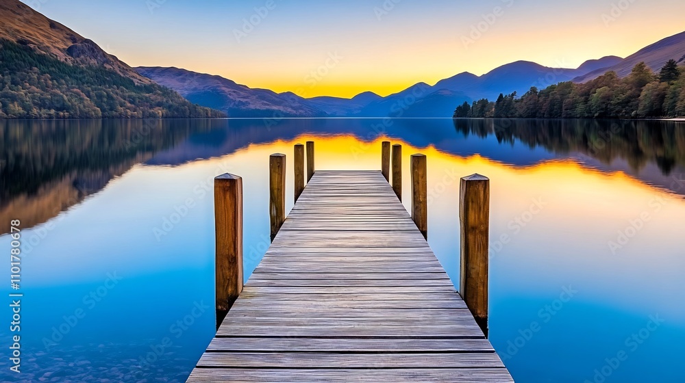 Fototapeta premium Tranquil Wooden Dock Overlooking Still Lake at Sunrise