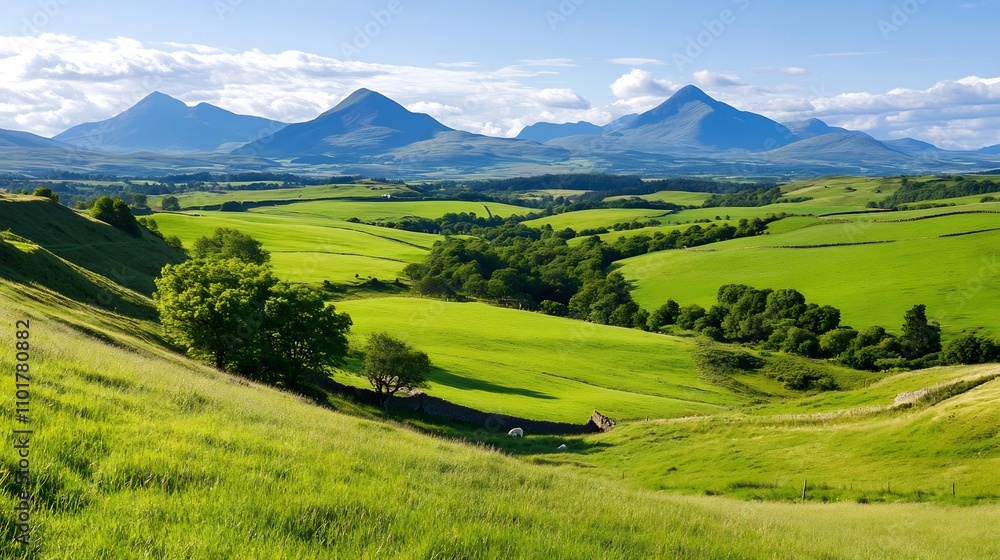 Obraz premium Picturesque Countryside Landscape with Rolling Green Meadows and Distant Mountains