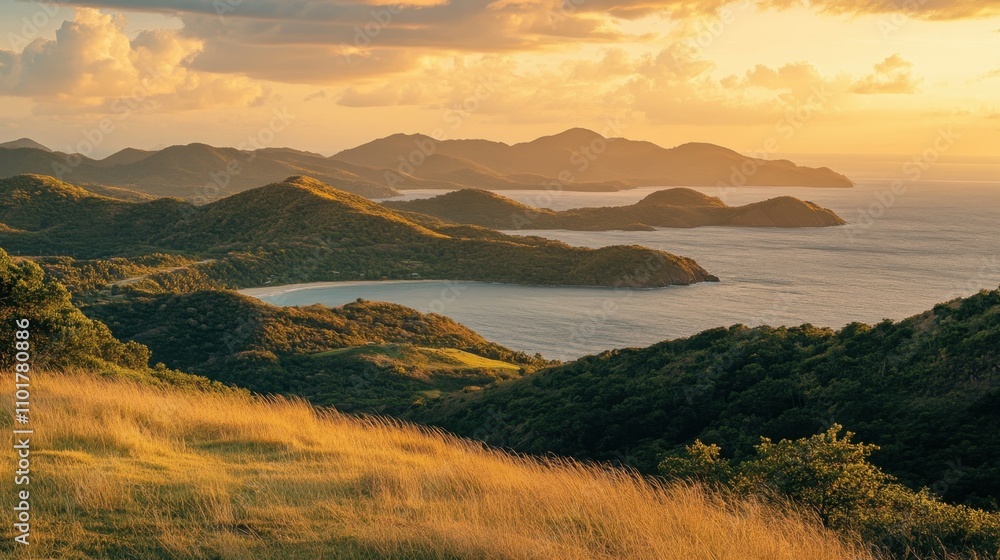 Serene view of hills and ocean blending harmoniously at the horizon, bathed in golden hour light. Serene view of hills and ocean blending harmoniously at the horizon, bathed in golden hour light.