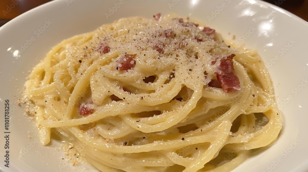 Spaghetti carbonara with creamy egg sauce, crispy pancetta, and grated Parmesan. Spaghetti carbonara with creamy egg sauce, crispy pancetta, and grated Parmesan.