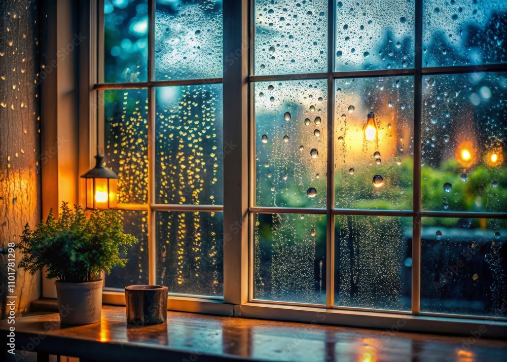 Naklejka premium Tranquil Room with Rainy Window View Captured in Rule of Thirds, Highlighting Water Drops and Soft Ambient Light for Perfect Serene Atmosphere