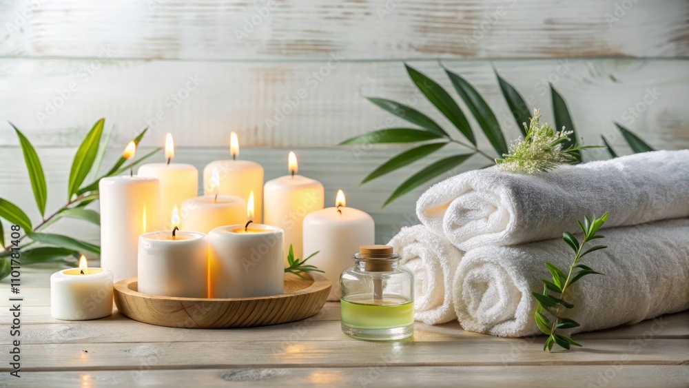 Tranquil Spa Experience with Natural Oils, Candles, and Towels on a White Wooden Background for a Luxurious Relaxation Atmosphere Tranquil Spa Experience with Natural Oils, Candles, and Towels on a White Wooden Background for a Luxurious Relaxation Atmosphere