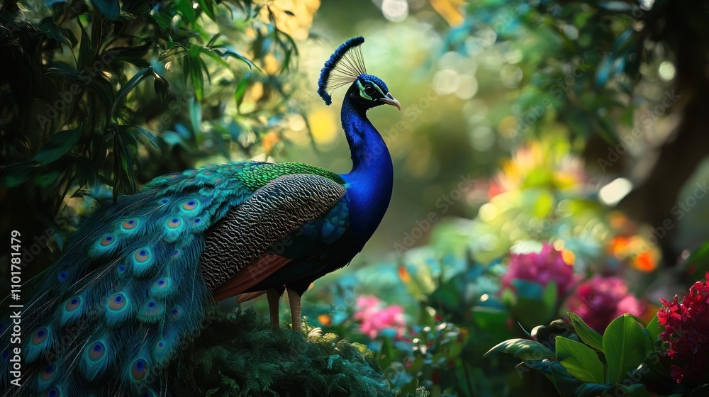 Fototapeta premium Majestic Peacock Amidst Lush Tropical Foliage