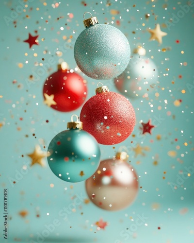 Wallpaper Mural Christmas elements levitation in the air, ornaments, stars, candy and balls on green background, wallpaper card invitation concept. holiday cards Torontodigital.ca