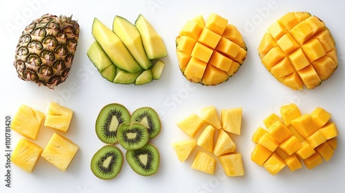 Fresh and Vibrant Tropical Fruits Display with Slices of Pineapple, Mango, Kiwi, and Melon Arranged on a White Surface for a Colorful and Healthy Composition