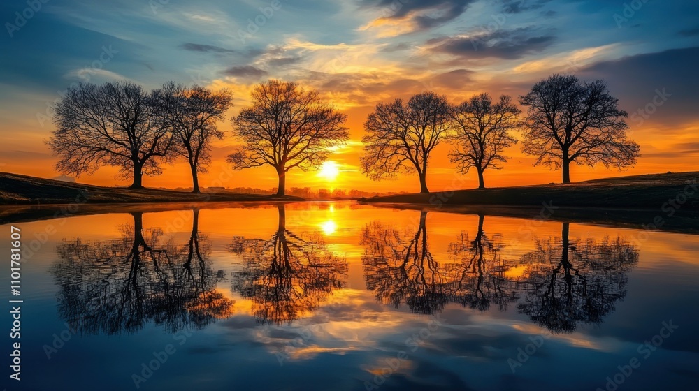 Still lake waters mirror a dramatic sunrise, with silhouettes of trees along the shore creating a tranquil mood. Still lake waters mirror a dramatic sunrise, with silhouettes of trees along the shore creating a tranquil mood.