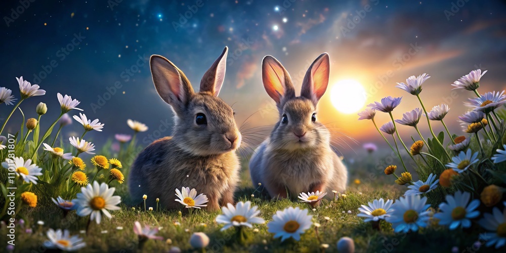 Two Adorable Little Rabbits Relaxing Amidst Daisies in a Beautiful Outdoor Setting, Capturing Nature's Charm and Innocence in Candid Photography Two Adorable Little Rabbits Relaxing Amidst Daisies in a Beautiful Outdoor Setting, Capturing Nature's Charm and Innocence in Candid Photography