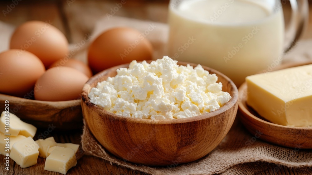 A rustic wooden table showcases various dairy products, including fresh cottage cheese in a bowl, alongside eggs, butter, and a jug of milk, creating a wholesome culinary atmosphere A rustic wooden table showcases various dairy products, including fresh cottage cheese in a bowl, alongside eggs, butter, and a jug of milk, creating a wholesome culinary atmosphere