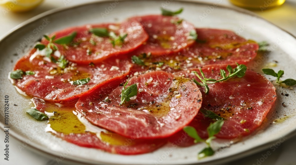 Thin slices of carpaccio drizzled with olive oil and lemon juice. Thin slices of carpaccio drizzled with olive oil and lemon juice.