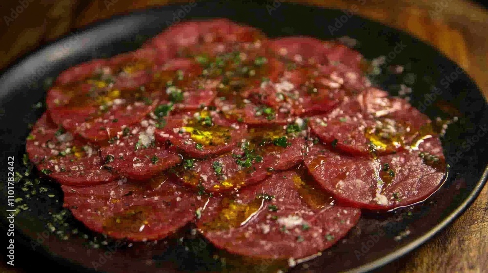 Thin slices of carpaccio drizzled with olive oil and lemon juice. Thin slices of carpaccio drizzled with olive oil and lemon juice.