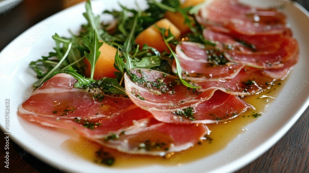 Thin slices of prosciutto paired with fresh melon and arugula. Thin slices of prosciutto paired with fresh melon and arugula.