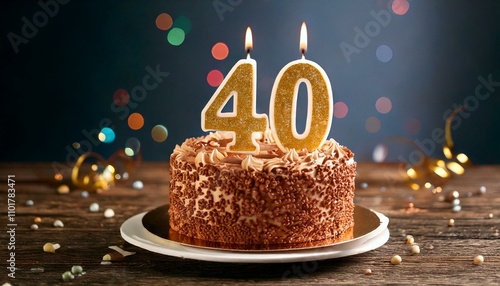 A festive birthday cake features brown icing, topped with two lit candles displaying the number 40, set against a background of colorful bokeh lights photo