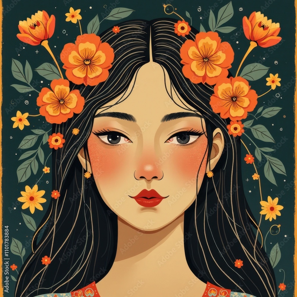 Virgo Icon with Serene Face and Floral Frame Virgo Icon with Serene Face and Floral Frame