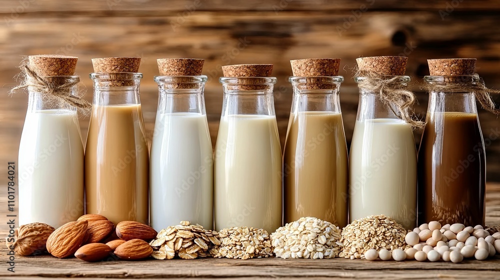 Various Plant Based Milks In Glass Bottles Various Plant Based Milks In Glass Bottles