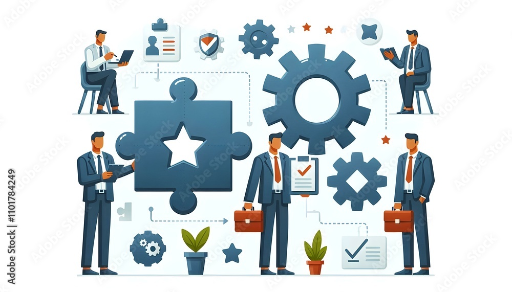 Flat Puzzle Piece Gear Icons Compliance Teamwork Integration Vector Illustration White Background Flat Puzzle Piece Gear Icons Compliance Teamwork Integration Vector Illustration White Background