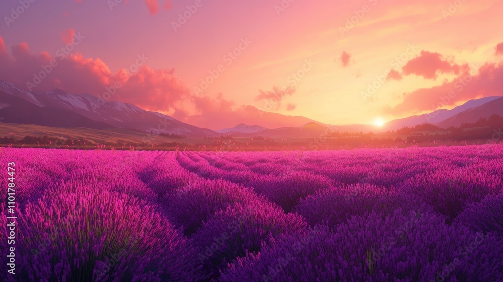 Vibrant pink lavender field extending into the horizon under the warm glow of a setting sun. Vibrant pink lavender field extending into the horizon under the warm glow of a setting sun.