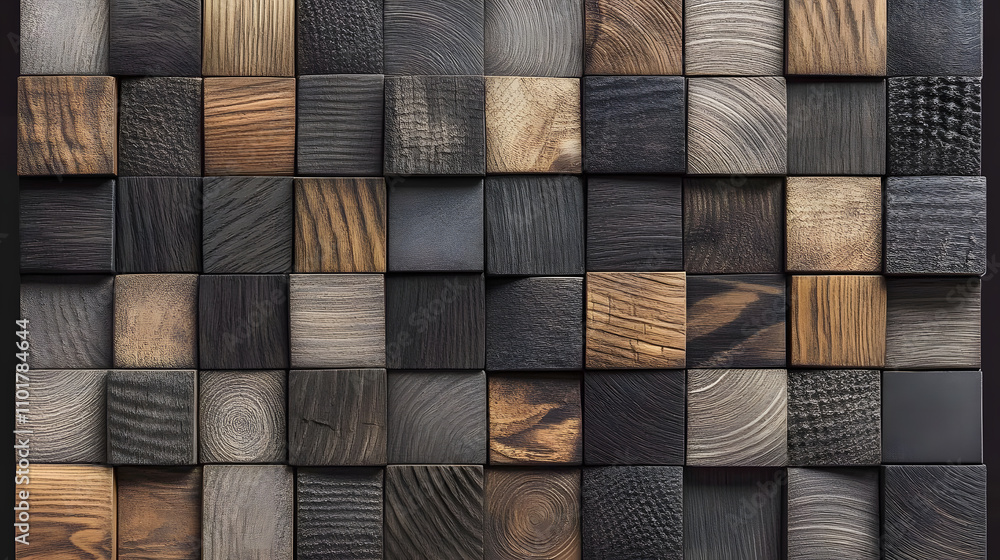 A grid of wooden squares in various shades of brown and black creates a textured and visually interesting background. A grid of wooden squares in various shades of brown and black creates a textured and visually interesting background.