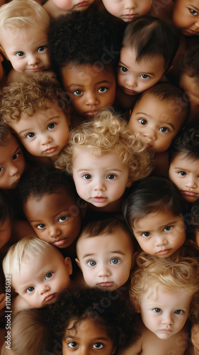 Group of diverse babies closely gathered, looking curiously at the camera
