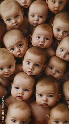 Group of curious Caucasian babies with natural expressions closely gathered, looking directly at the camera