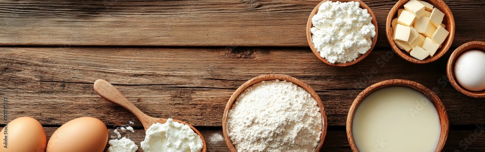 Fresh eggs, flour, cream, butter, and cheese are artfully arranged in bowls on a rustic wooden table, ready for a baking session in a warm kitchen Fresh eggs, flour, cream, butter, and cheese are artfully arranged in bowls on a rustic wooden table, ready for a baking session in a warm kitchen