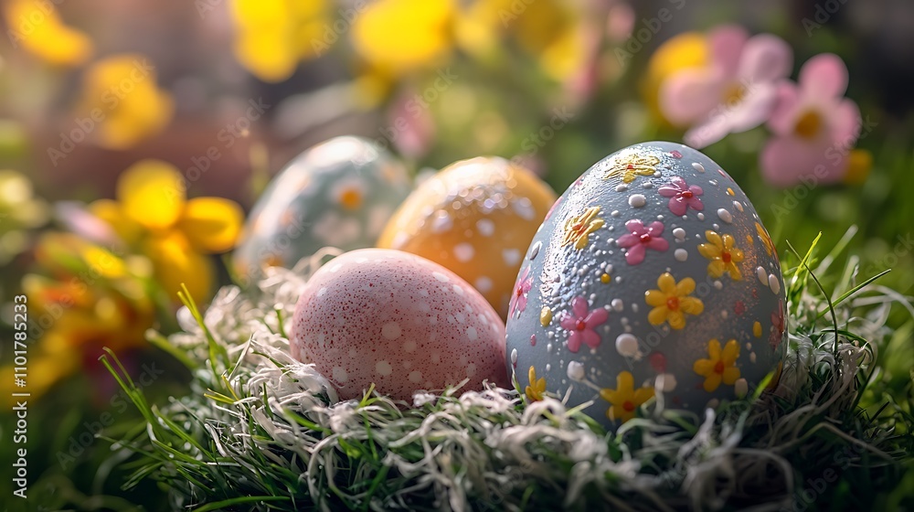 A close-up of beautifully decorated Easter eggs resting in a soft nest of grass surrounded by spring flowers A close-up of beautifully decorated Easter eggs resting in a soft nest of grass surrounded by spring flowers