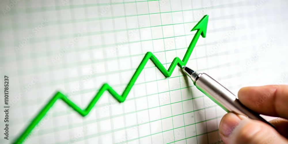 Close Up Pen Drawing Green Upward Arrow on Business Graph Symbolizing Sustainable Growth Photo Stock Concept Close Up Pen Drawing Green Upward Arrow on Business Graph Symbolizing Sustainable Growth Photo Stock Concept