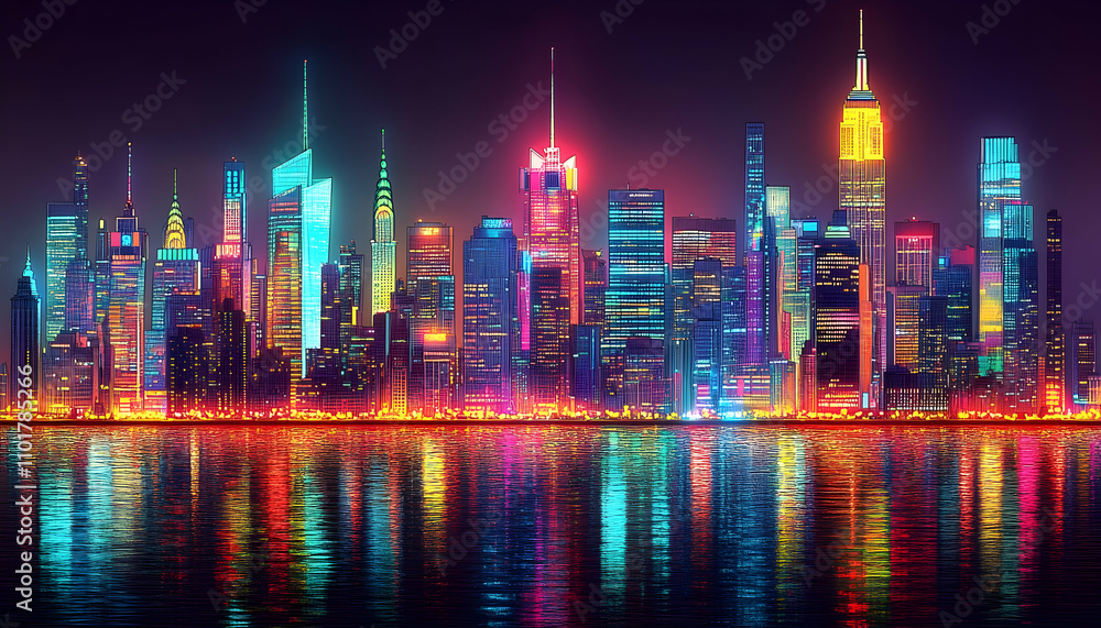 Fototapeta premium Vibrant night cityscape with illuminated skyscrapers reflected in the water.