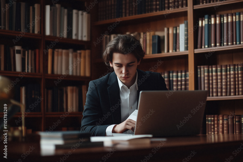 Young professional researching in a library with a laptop and books. Generative AI Young professional researching in a library with a laptop and books. Generative AI