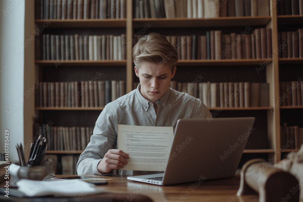 Young man focusing on papers while studying in a library during the day. Generative AI Young man focusing on papers while studying in a library during the day. Generative AI
