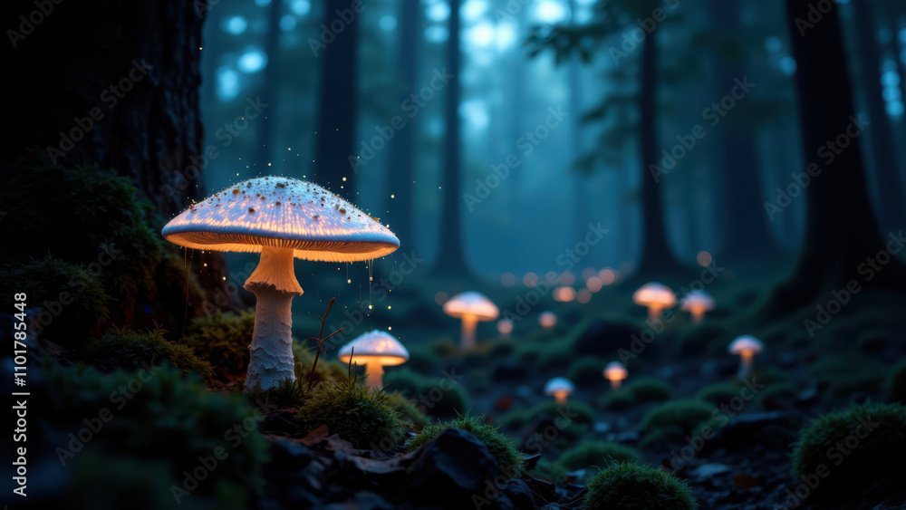 Fototapeta premium The image showcases a mystical forest scene at night, with glowing mushrooms emitting a magical aura.