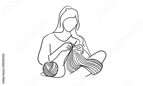 Woman knits with knitting needles continuous line art drawing isolated on white background. Handmade. Vector illustration