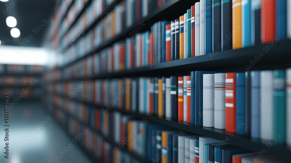 Blurred perspective of a colorful library bookshelf with rows of books, creating a sense of depth and focus on learning and education Blurred perspective of a colorful library bookshelf with rows of books, creating a sense of depth and focus on learning and education