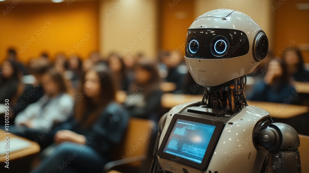 Humanoid robot professor teaching in modern college classroom Humanoid robot professor teaching in modern college classroom