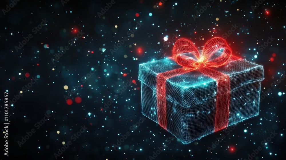 Wireframe-style gift box with bright red ribbon, glowing against a dark starry backdrop, symbolizing a festive surprise. Wireframe-style gift box with bright red ribbon, glowing against a dark starry backdrop, symbolizing a festive surprise.