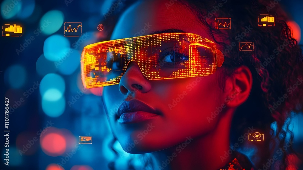 Close Up Portrait Marketer Augmented Reality Marketing Elements Floating Icons Data Points Immersive Strategies Close Up Portrait Marketer Augmented Reality Marketing Elements Floating Icons Data Points Immersive Strategies