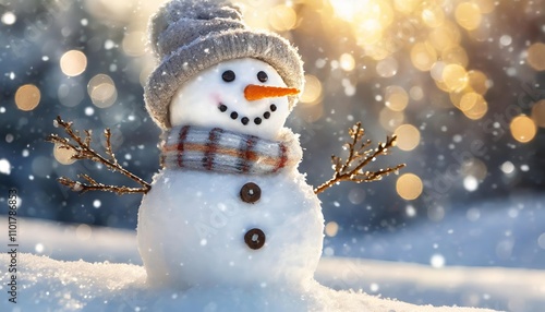 Delightful Winter Holiday Christmas Background Banner Featuring a Cute and Funny Laughing Snowman Close-Up, Adorned with Festive Accessories and Snowy Scenery, Perfect for Seasonal Cheer